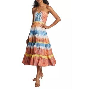 Alexis Roberta Desert Indigo Tie Dye Tiered Orange Blue Midi Dress Size Small